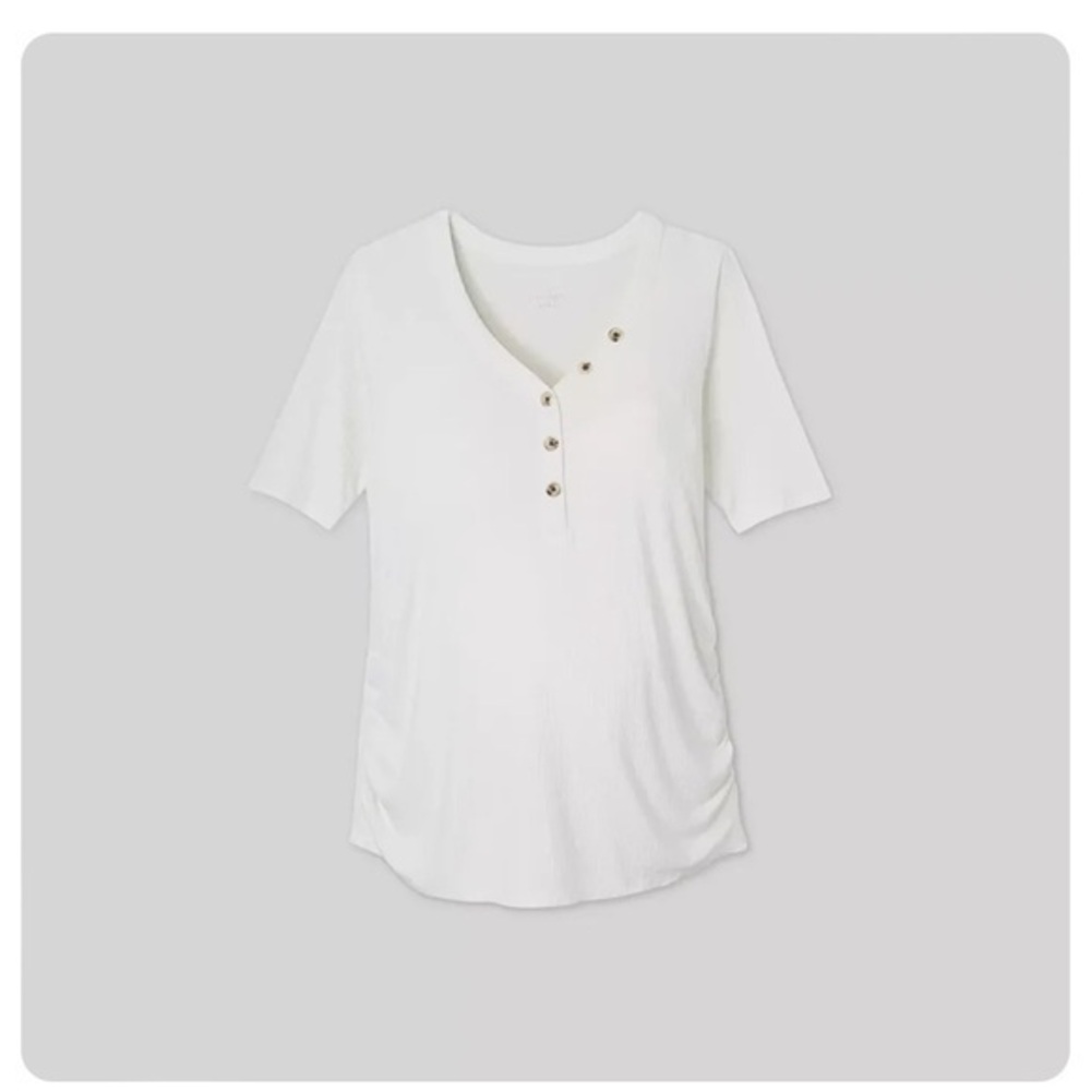 Isabel Maternity Henley Ribbed Short Sleeve Shirt Cream Size Medium
